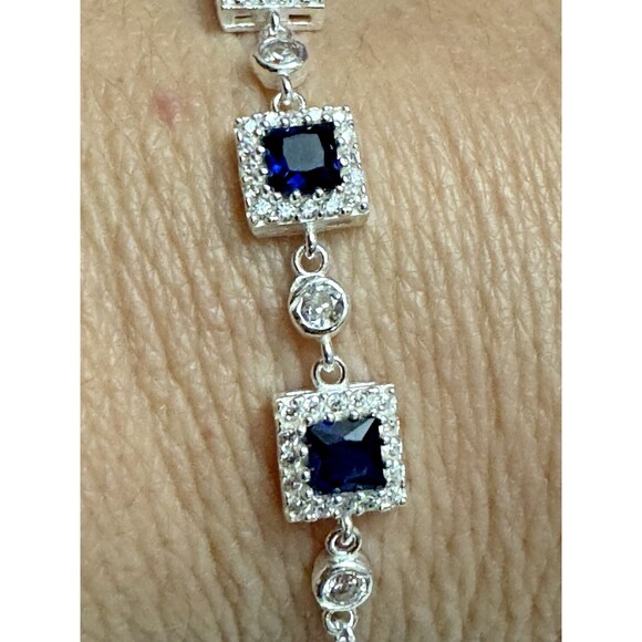 NEW 925 Silver Blue Sapphire Bracelet – Square Station Design, 8 Inches - Picture 2 of 8